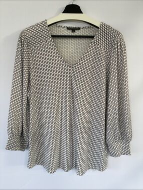 Adrianna Papell Black & White Geometric V-Neck Blouse Large